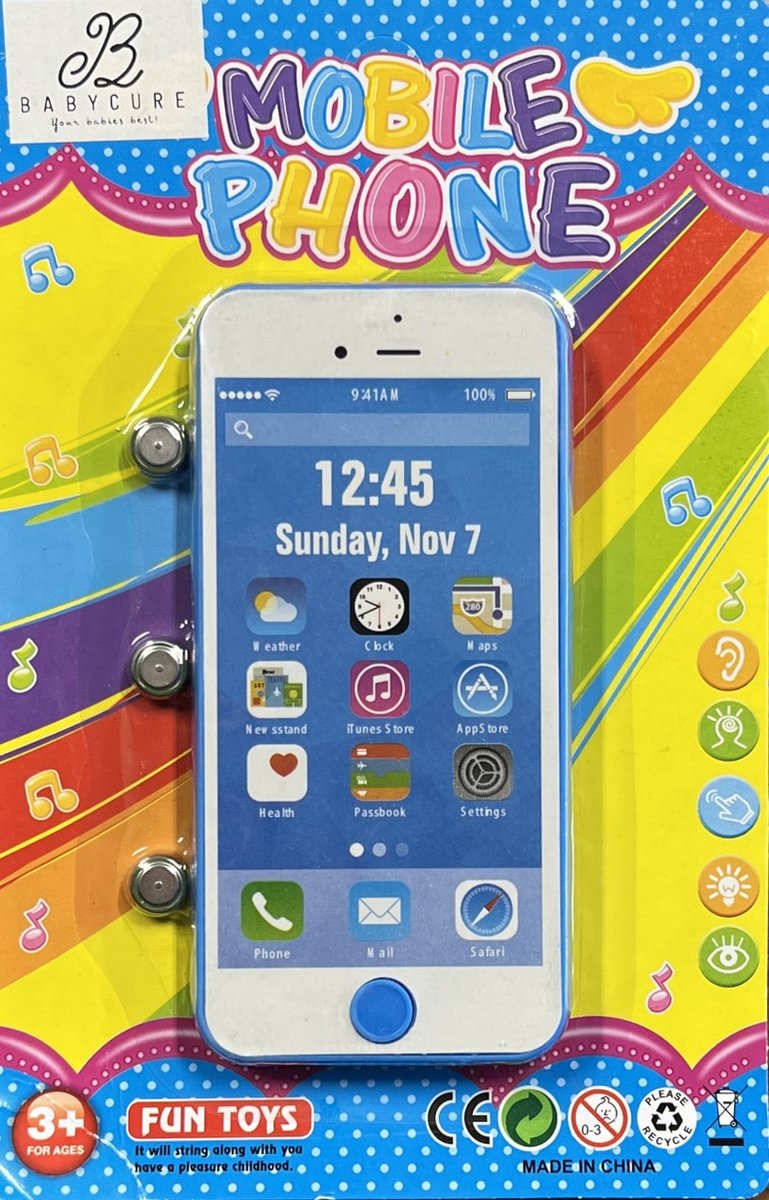 Babycure Blauw speelgoed mobiel iPhone | Leerzaam speelgoed | Educatieve telefoon | Inclusief batterijen | Leuk om kado te geven!